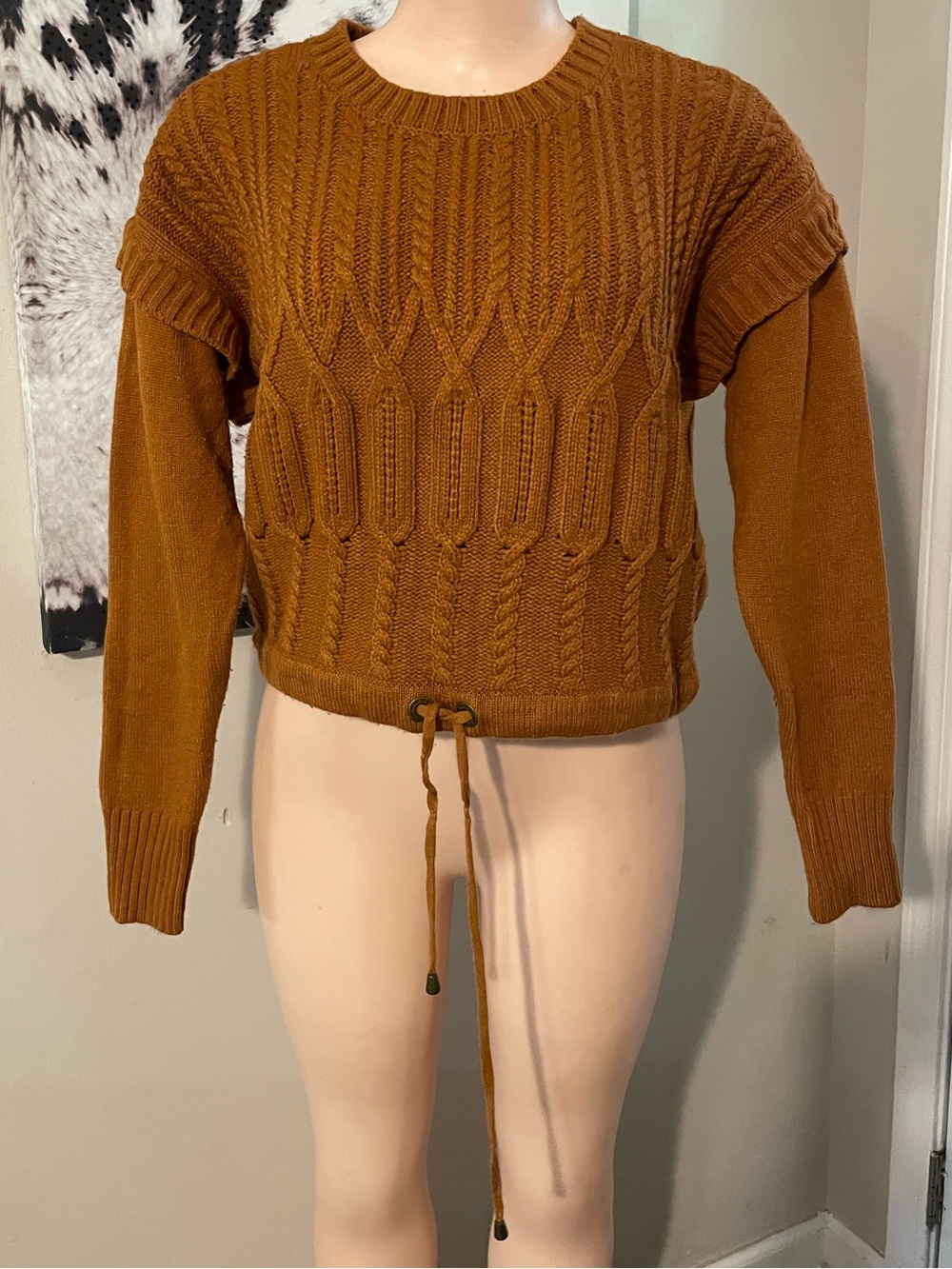 DKNY mustard Cozy Cable-Knit Sweater drawstring shoulder ruffle 90s y2k fall Med